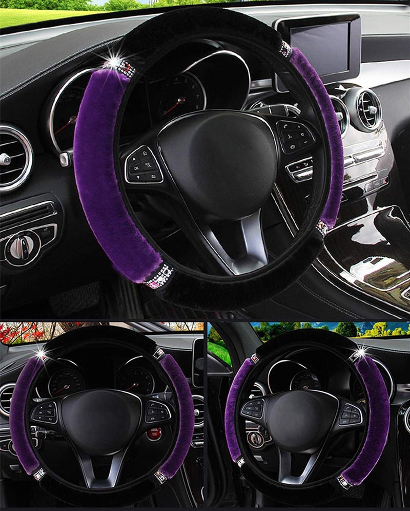 LABBYWAY Plush Steering Wheel Cover with Bling Bling Crystal Rhinestone, Universal 15 Inch Elastic Fluffy Steering Wheel Accessories for Women Girls, Purple - Image 4